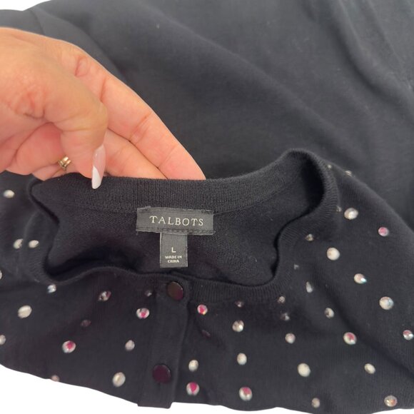 Talbots Women SZ Large Classic Button Up Black Cardigan Rhinestone Embellishment - Picture 3 of 13